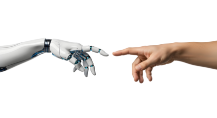 A powerful symbolic representation of artificial intelligence interacting with human creation, highlighting the future of technological connection, collaborative innovation, and evolving existence