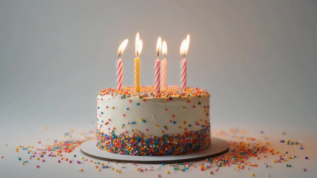 birthday cake with burning candles on white