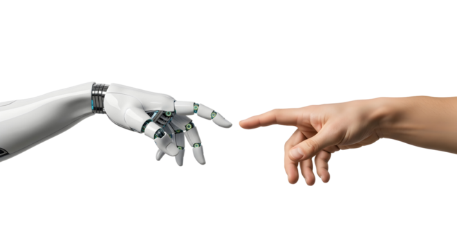 Symbolic connection between human ingenuity and artificial intelligence, echoing the profound essence of creation in a digital age, representing future innovation and evolving collaboration