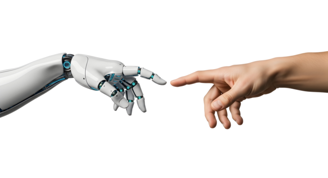 Bridging the divide human and artificial intelligence hands connect in a symbolic gesture of future interaction, technological integration, and societal evolution