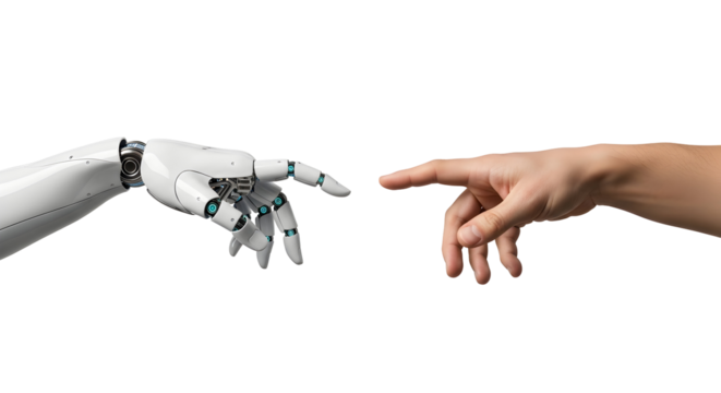 A powerful visual of a human hand and robotic hand nearly touching, symbolizing the intricate connection, collaborative future, and technological integration of humanity with artificial intelligence
