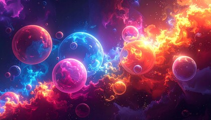 Obraz premium A vibrant, glowing nebula-like scene with many colourful orbs of varying sizes scattered across the cosmic expanse