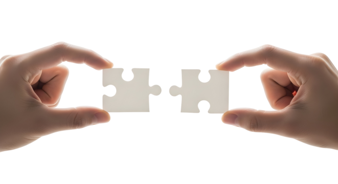 Hands connecting two white jigsaw puzzle pieces, symbolizing successful collaboration, strategic problem-solving, and finding the perfect solution together for complex challenges