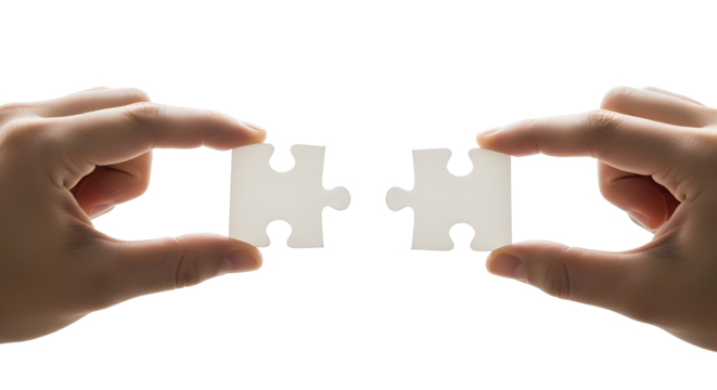 Hands holding white puzzle pieces, about to connect, powerfully symbolizing the essential concept of partnership, teamwork, solution, and integration for successful problem-solving and collaboration