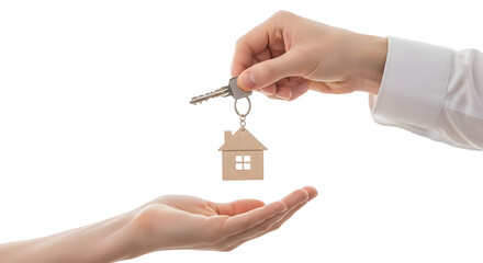 Real estate agent handing over house keys to a new homeowner after a successful property transaction