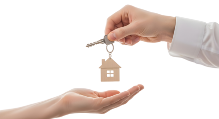 Real estate agent handing over house keys to a new homeowner after a successful property transaction