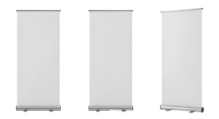 A set of three blank roll-up banner stands with a clean white display for mockup presentations, isolated on a white background for advertising