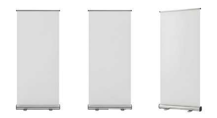 A set of three blank roll-up banner stands with a clean white display for mockup presentations, isolated on a white background for advertising
