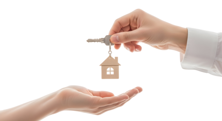 A real estate agent's hand giving house keys with a charming wooden home keychain to a new property owner's open palm