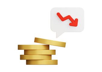 Falling coins with downward arrow in speech bubble isolated on transparent background
