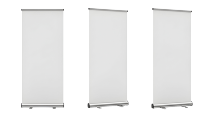 Three blank white roll-up banner stands isolated on a white background for mockup and advertising presentation