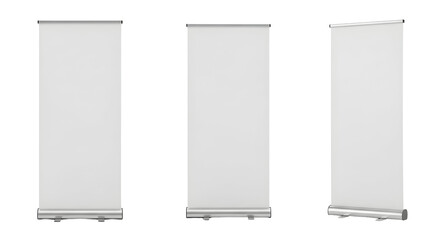 Set of three blank vertical rollup banner stands with a metallic base, isolated on a white background for presentation mockups