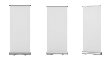 Set of three blank vertical rollup banner stands with a metallic base, isolated on a white background for presentation mockups