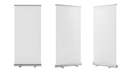 A collection of three blank white roll-up banner stands shown from various angles, isolated on a white background for advertising mockups