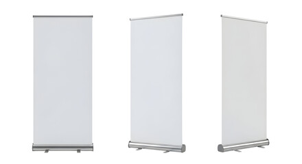 A set of three blank roll-up banner displays from different angles. Vertical retractable stands for advertising presentation mockups, isolated on a white background