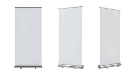 A set of three blank roll-up banner displays from different angles. Vertical retractable stands for advertising presentation mockups, isolated on a white background