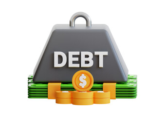 Debt weight on money isolated on transparent background represents financial burden