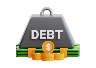 Debt weight on money isolated on transparent background represents financial burden