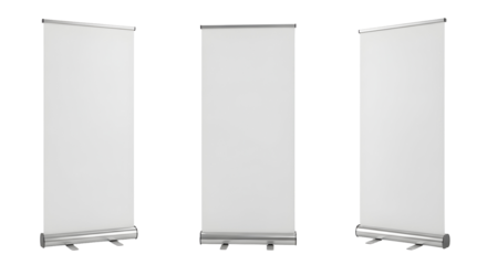 Set of three isolated vertical rollup banner displays, a white blank template for advertising design and business presentations