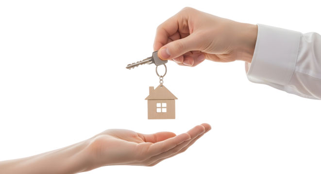 Real estate agent handing over house keys to a new homeowner after a successful property transaction