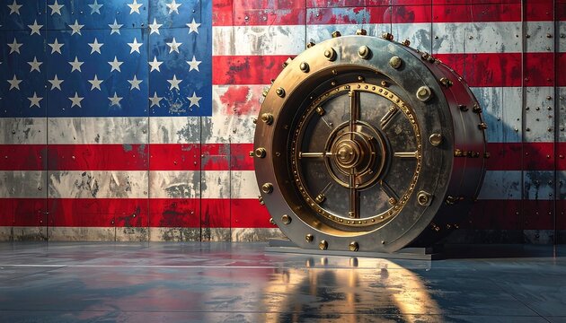 A metallic vault door sits before a distressed American flag backdrop, emphasizing concepts of security and patriotism