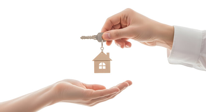 A real estate agent's hand giving house keys with a charming wooden home keychain to a new property owner's open palm