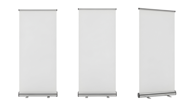 A collection of three blank white roll-up banner stands for trade show exhibitions, presented as a portable advertising mockup template