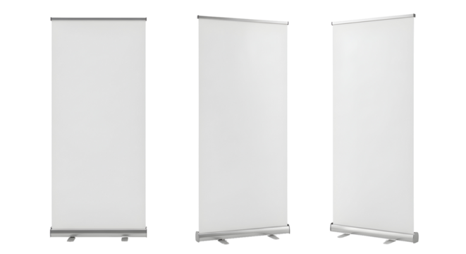 A collection of three blank white roll-up banner stands shown from various angles, isolated on a white background for advertising mockups