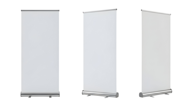 A set of three blank roll-up banner displays from different angles. Vertical retractable stands for advertising presentation mockups, isolated on a white background
