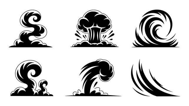 Black and White Stylized Icons of Smoke, Explosions, and Swirling Wind Effects bomb blast