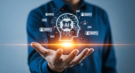 Artificial Intelligence concept with a virtual human head and microchip processor glowing above a hand, symbolizing future smart technology