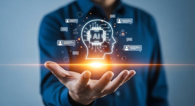 Artificial Intelligence concept with a virtual human head and microchip processor glowing above a hand, symbolizing future smart technology - Powered by Adobe