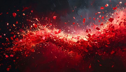 Abstract explosion of red fragments and golden sparkles on a dark background, brushstroke style and dynamic composition