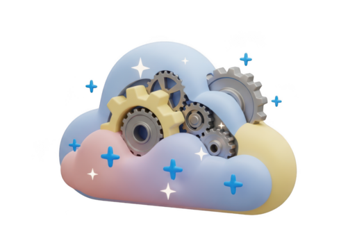 3d cloud with gears inside, representing cloud computing concept isolated on transparent background - Powered by Adobe