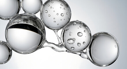 Macro close up of transparent liquid droplets and bubbles forming organic shapes against a soft grey background