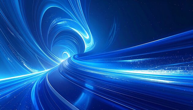 A swirling vortex of bright blue light trails off into the distance, fading into a deep blue starry night