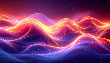 Fototapeta premium Abstract waves of glowing red, orange, and purple light with a dark background filled with stardust or particles