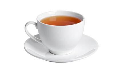 Obraz premium Black tea in a cup and saucer on transparent background, a hot beverage for breakfast