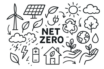 Net zero doodle art: renewable energy and sustainable living symbols