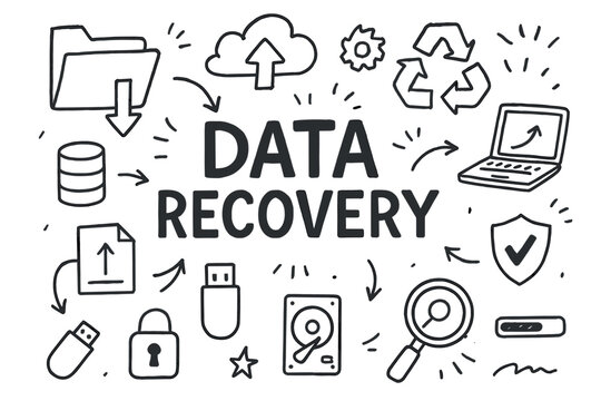 Data recovery concept with digital icons and symbols on white background