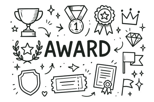 Doodle art collection of award symbols with trophy, medal, and certificate