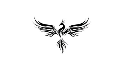 Obraz premium A stylized, grayscale illustration of a bird with outstretched wings, a phoenix-like symbol