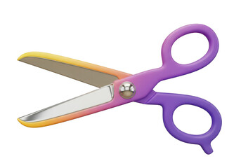 Open scissors with colorful gradient blades isolated on transparent background