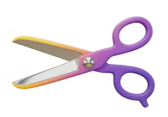 Open scissors with colorful gradient blades isolated on transparent background