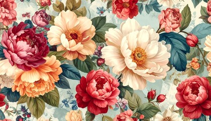 A vibrant floral pattern with large blooms in hues of red, peach, and white, set against a soft, textured background