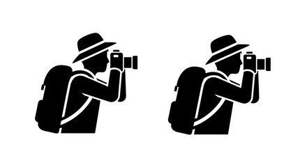 Two black and white silhouettes of photographers with cameras and backpacks