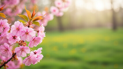 Spring landscape with flowers, copy space