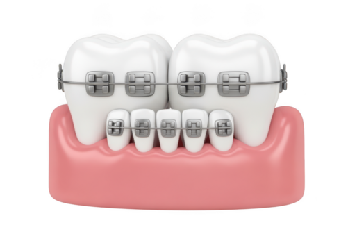 Human teeth with dental braces isolated on transparent background