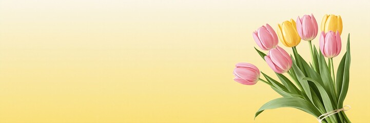 Naklejka premium An illustration of a fresh bouquet of pink and yellow tulips on a yellow background. Spring floral banner for holiday greetings with copy space for text