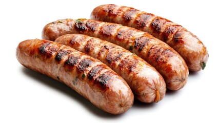 Grilled sausages displayed artfully on a clean white surface, highlighting their tempting textures and flavors.